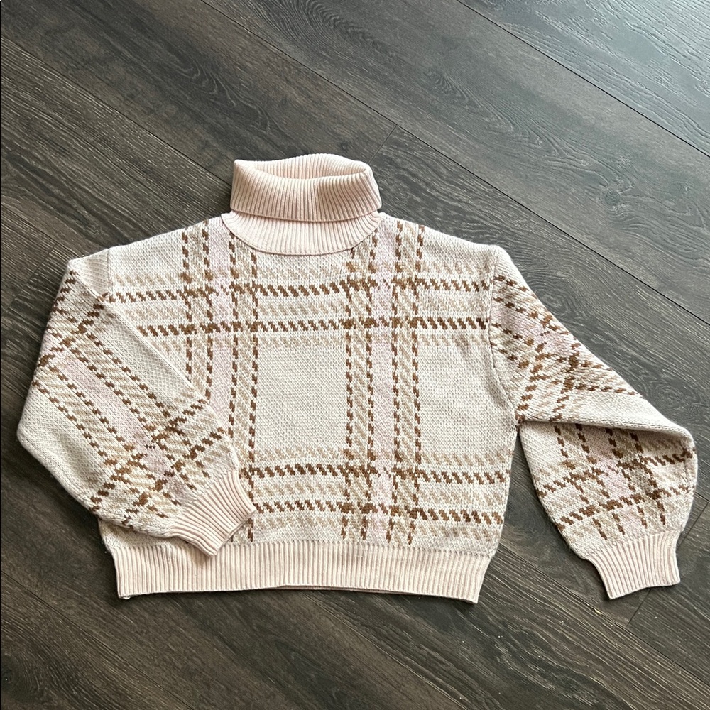 Pink Lily Plaid Cowl Neck Sweater - Pink and Brown